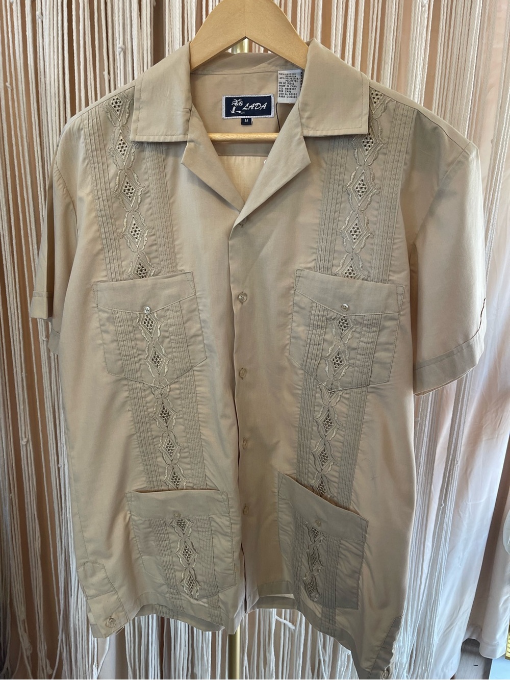 Lada beige short sleeve guayabera shirt Mexican Wedding shirt Cuban Camp